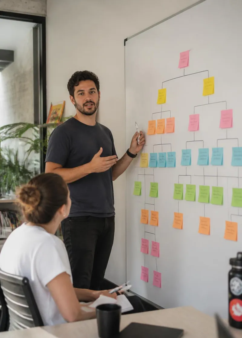 Product manager explicando uma árvore de métricas montada com post-its em quadro branco para colega sentada