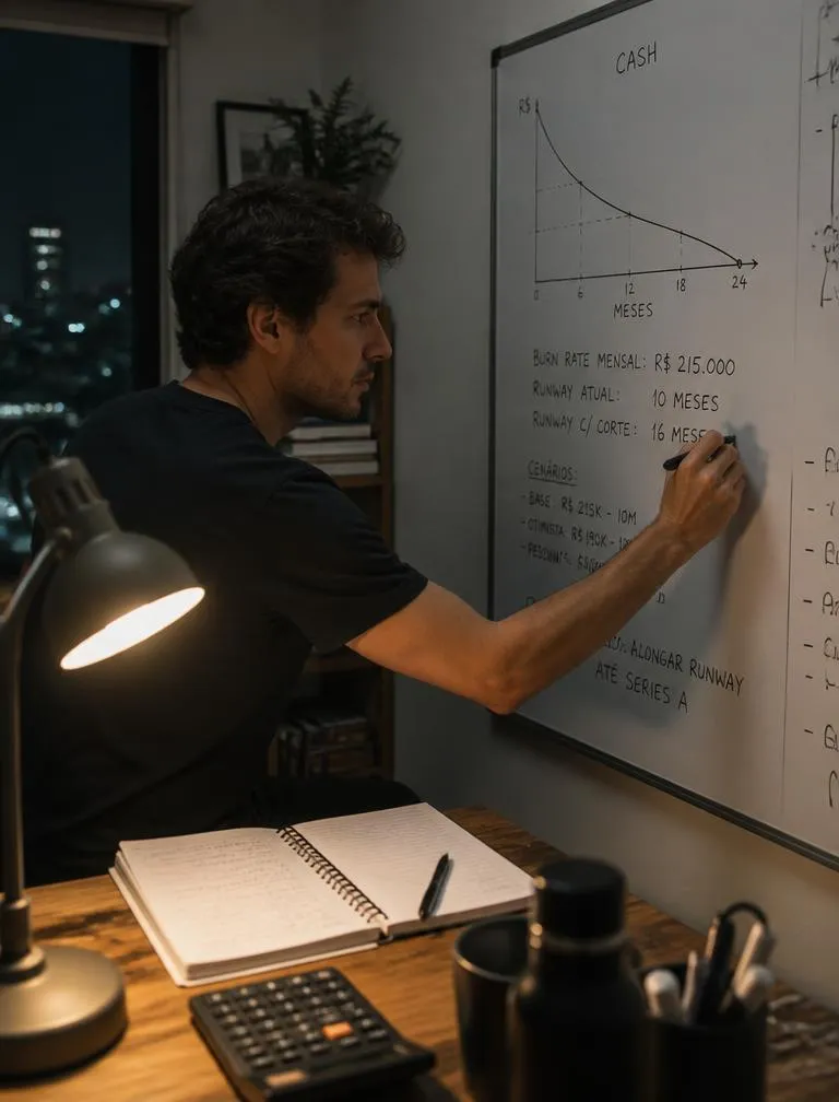 Founder brasileiro escrevendo cálculo de burn rate mensal e runway em quadro branco, com curva de queda de caixa ao lado