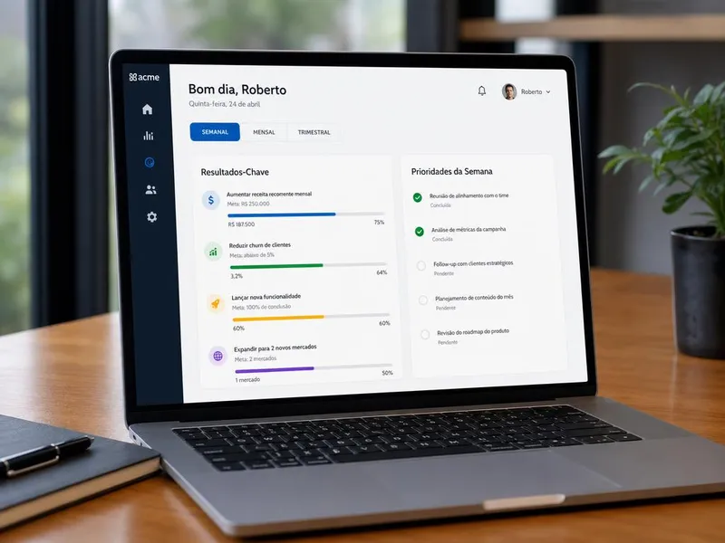Painel de gestão em notebook mostrando resultados-chave com barras de progresso e a lista de prioridades da semana