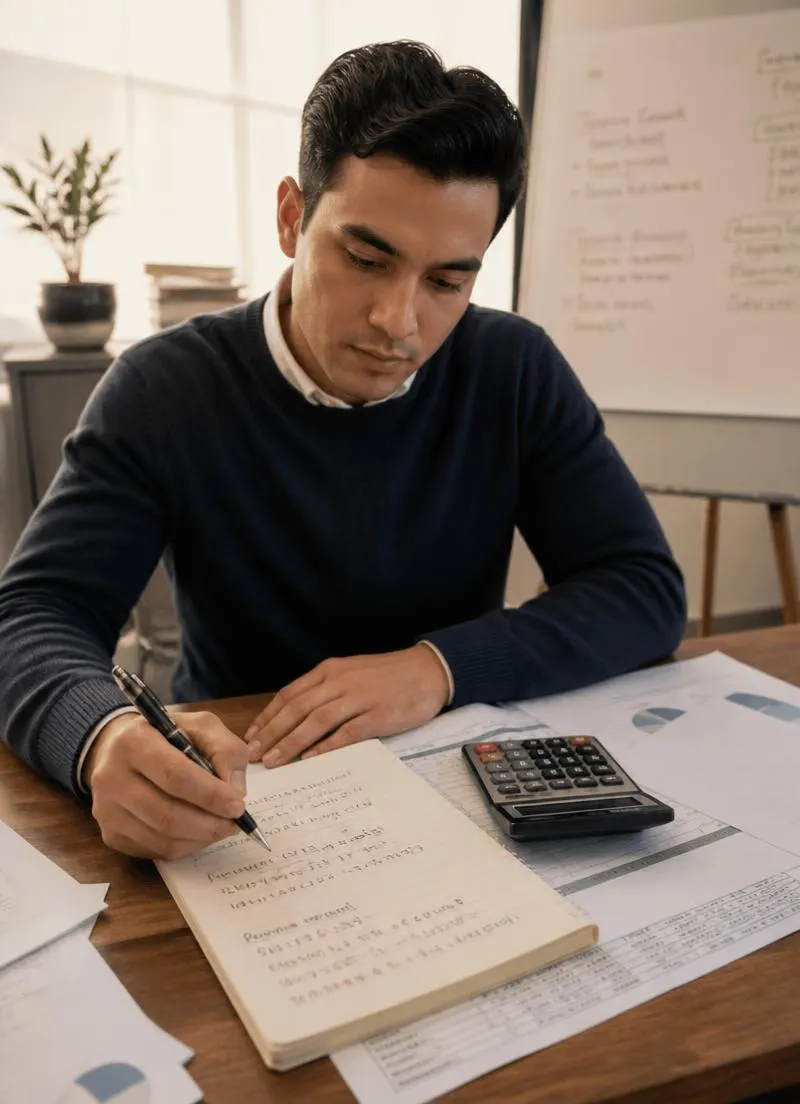 Founder calculando retorno sobre investimento e payback com calculadora, planilhas e caderno