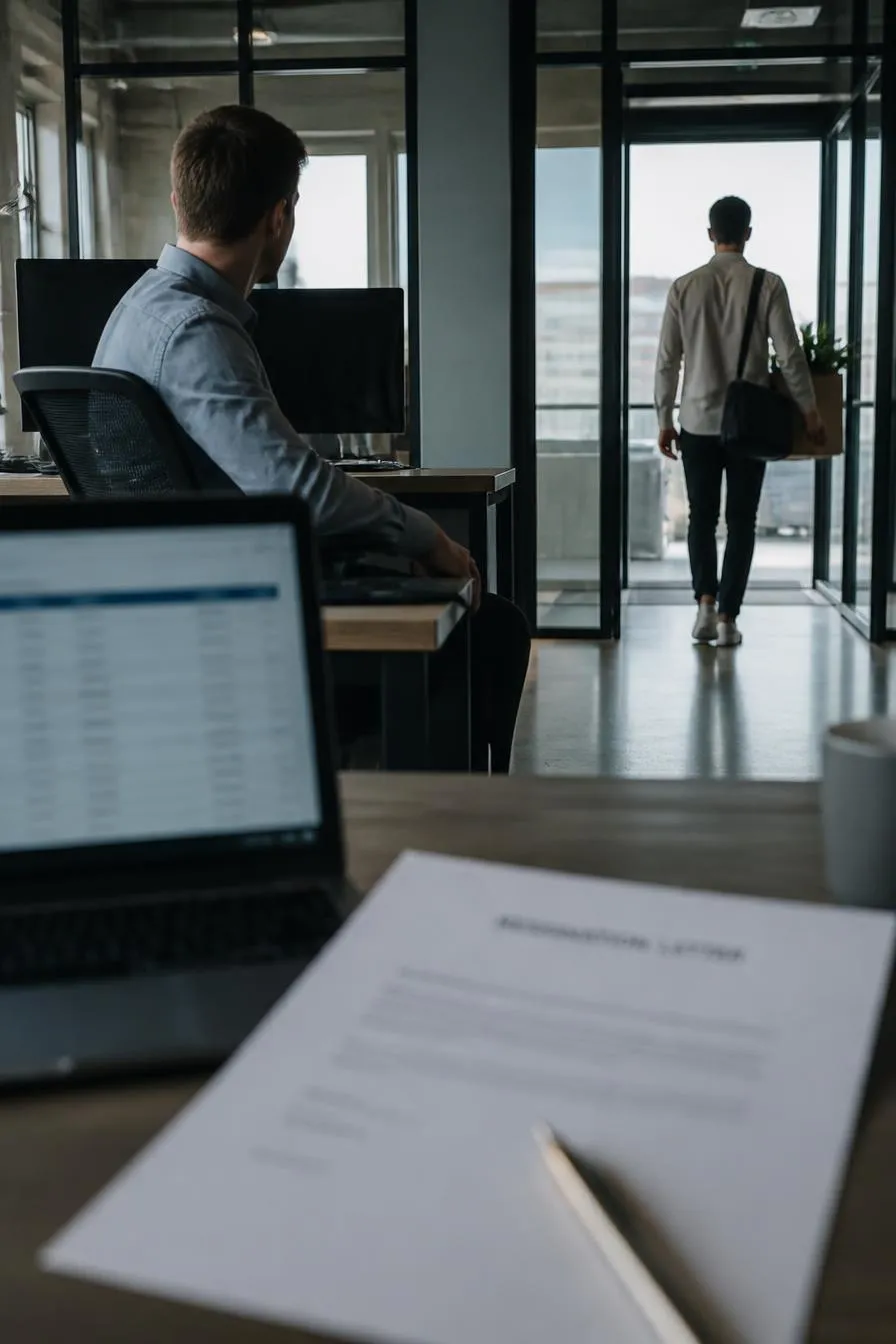 Profissional deixando o escritório com uma caixa de pertences enquanto uma carta de demissão está sobre a mesa, representando o turnover em startups