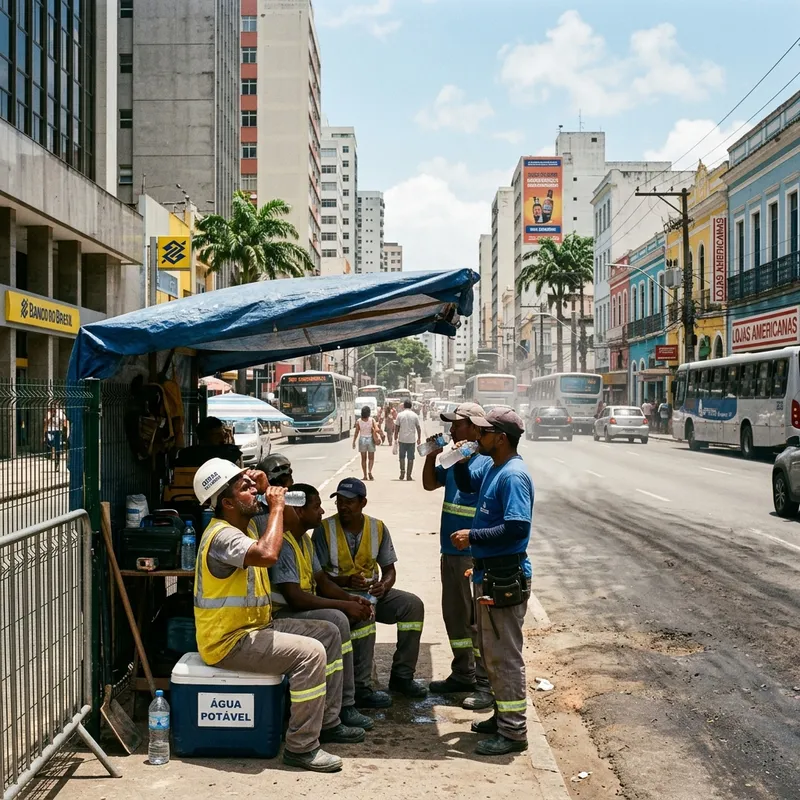 Equipe de trabalho em cidade brasileira se hidratando na sombra durante onda de calor extremo de 40°C+