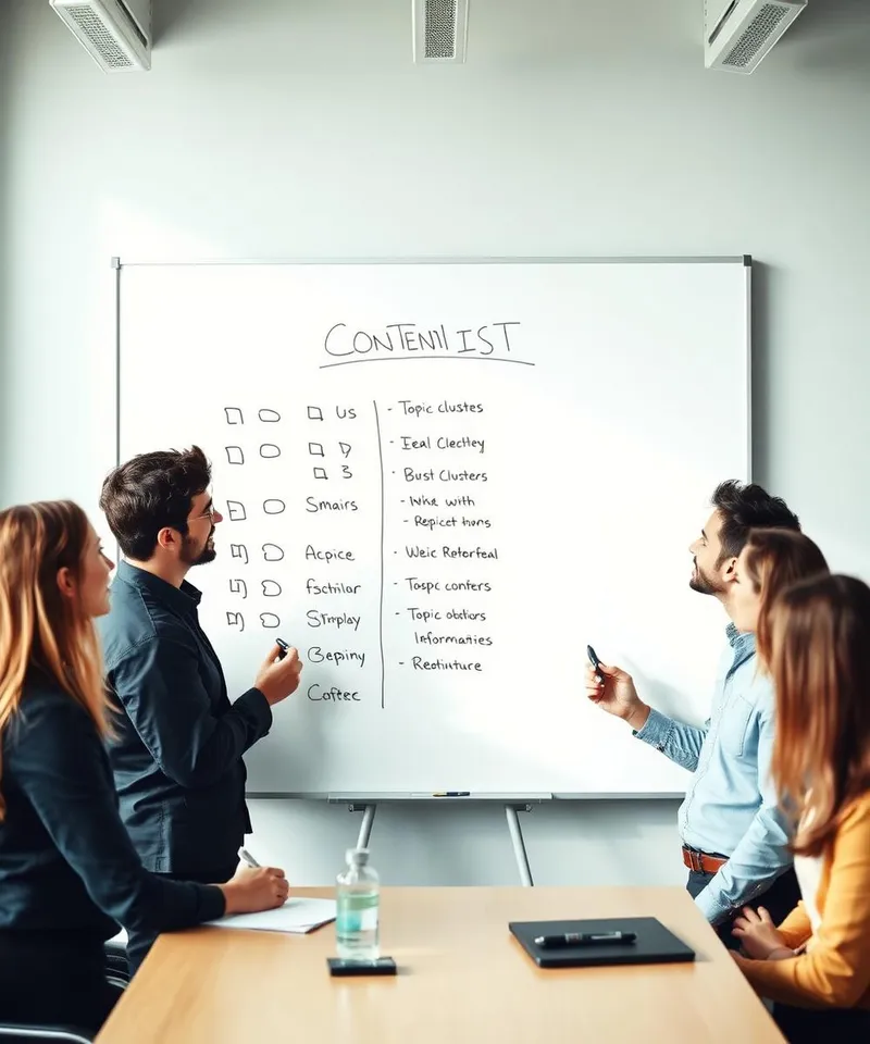 Startup team in front of a whiteboard with a content checklist and a topic cluster diagram