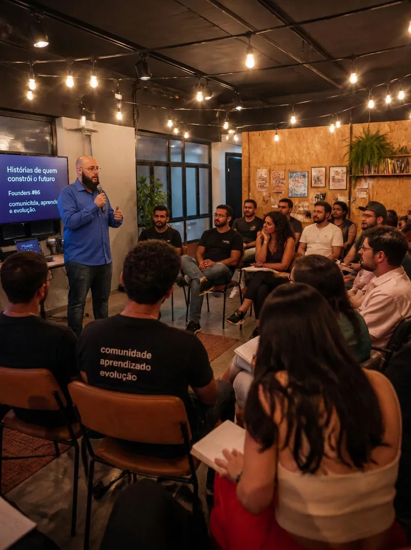 Encontro de comunidade de founders em coworking, com uma pessoa compartilhando sua experiência enquanto o grupo escuta