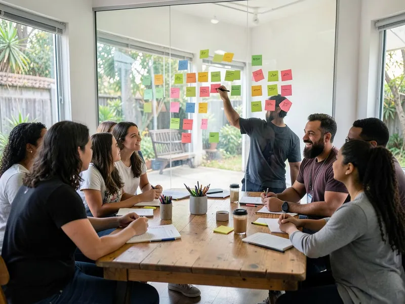 Grupo de founders e clientes em workshop de comunidade, escrevendo em post-its sobre uma parede de vidro