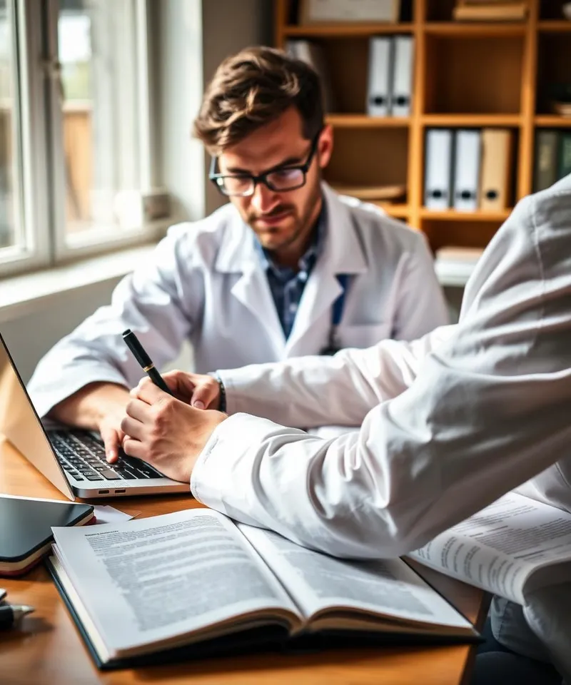 Expert writing a technical article on a laptop with reference books and papers open on the desk