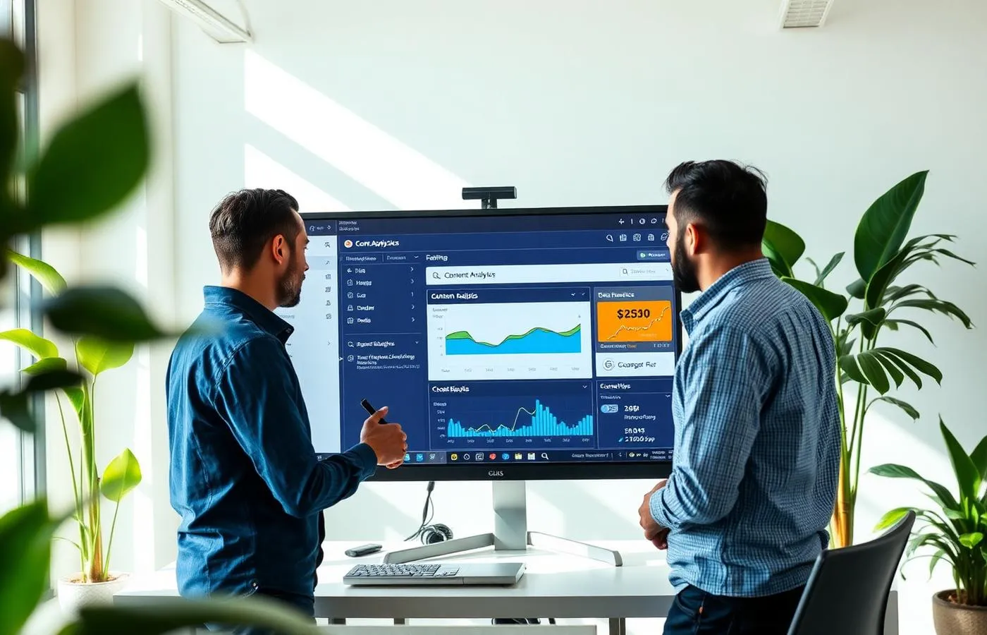 Two startup founders analyzing a content analysis and search results dashboard on a large monitor in a brightly lit office