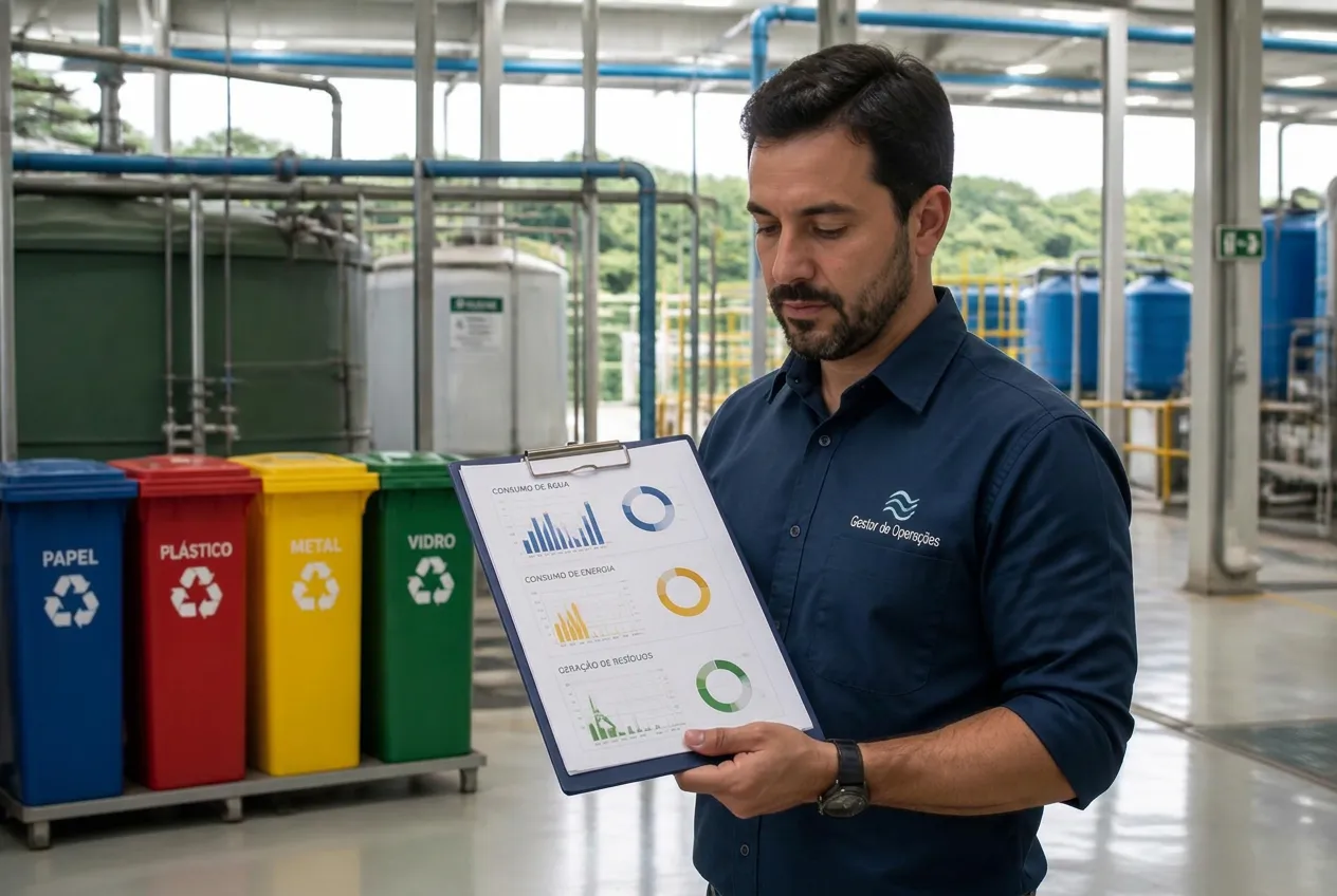 Gestor de operações analisando painéis impressos de consumo de água, energia e geração de resíduos em uma planta industrial moderna