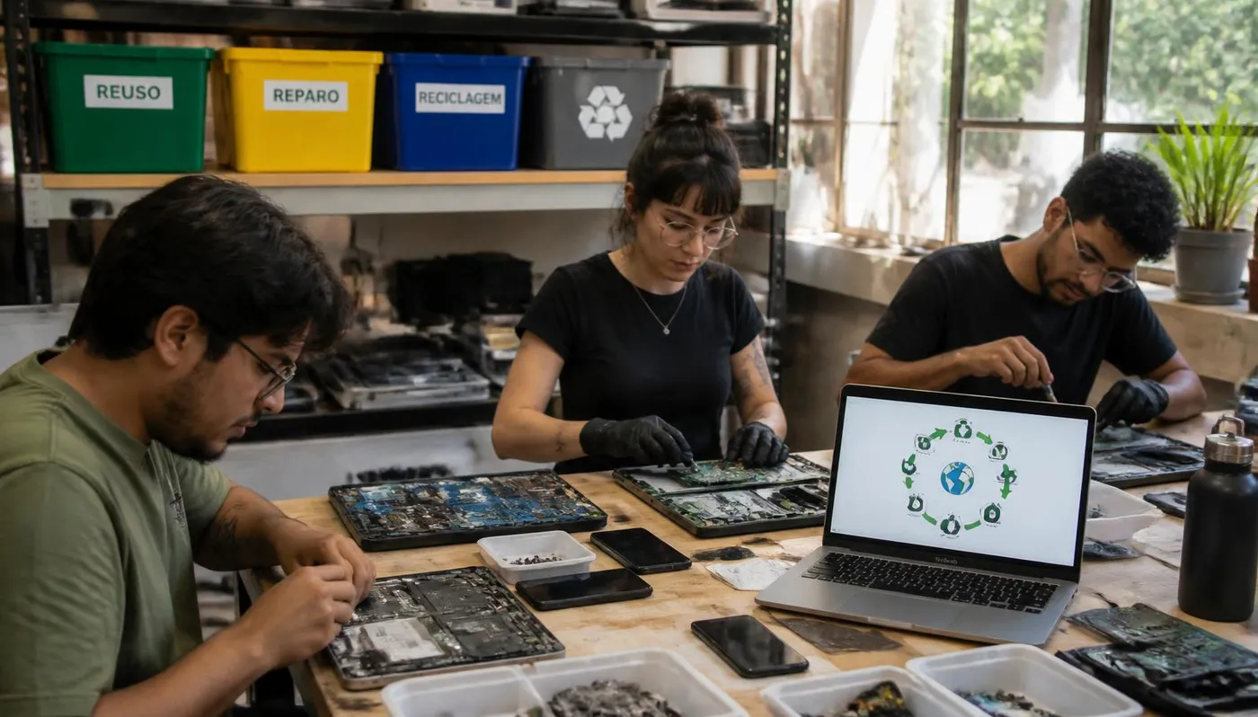 Equipe de startup desmontando e recondicionando eletrônicos em bancada de oficina, com caixas identificadas para reuso, reparo e reciclagem ao fundo