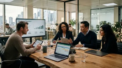 Equipe de fundadores e liderança executiva de startup reunidos em escritório moderno analisando métricas de MRR, retenção e estabilidade financeira