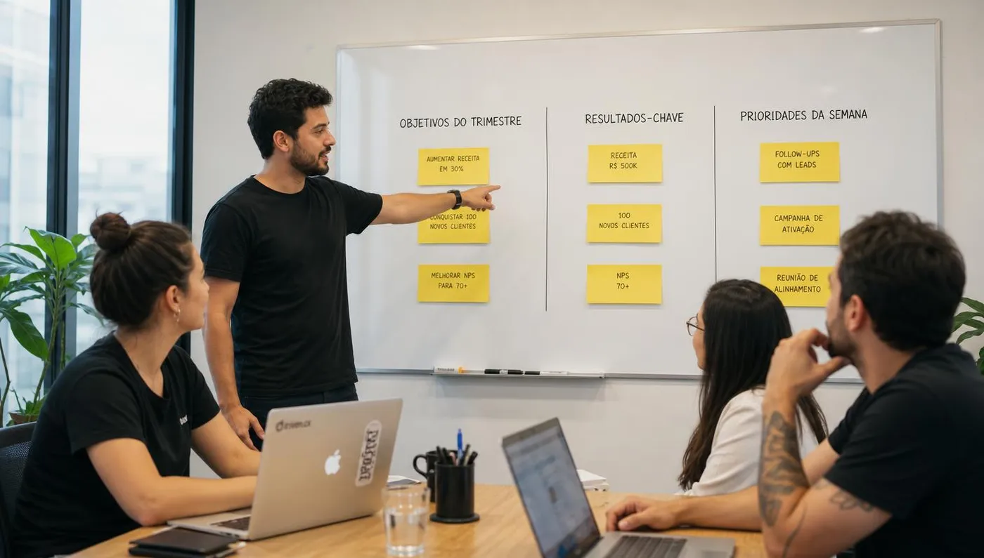Time de startup reunido diante de um quadro branco com objetivos do trimestre, resultados-chave e prioridades da semana
