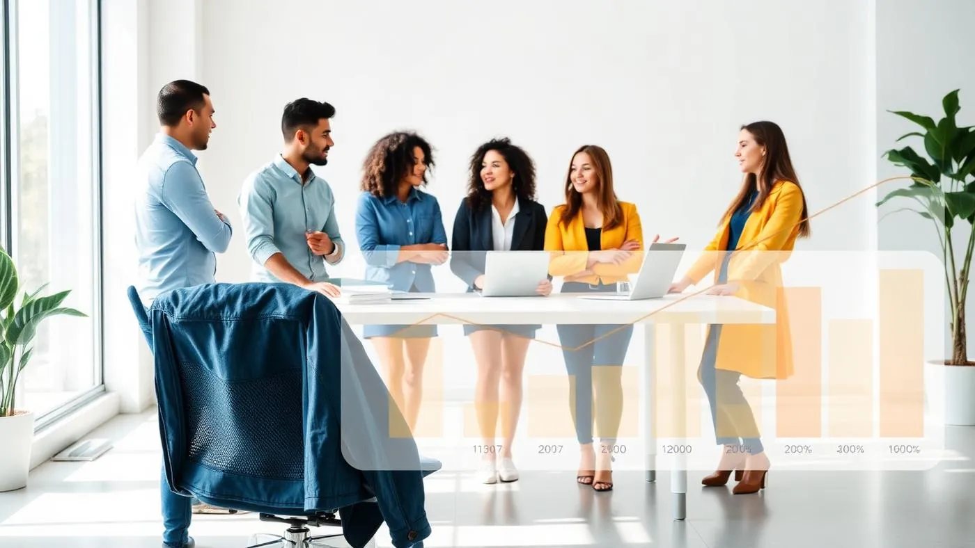 Time de startup em conversa de carreira em escritório claro, com cadeira vazia em primeiro plano representando rotatividade