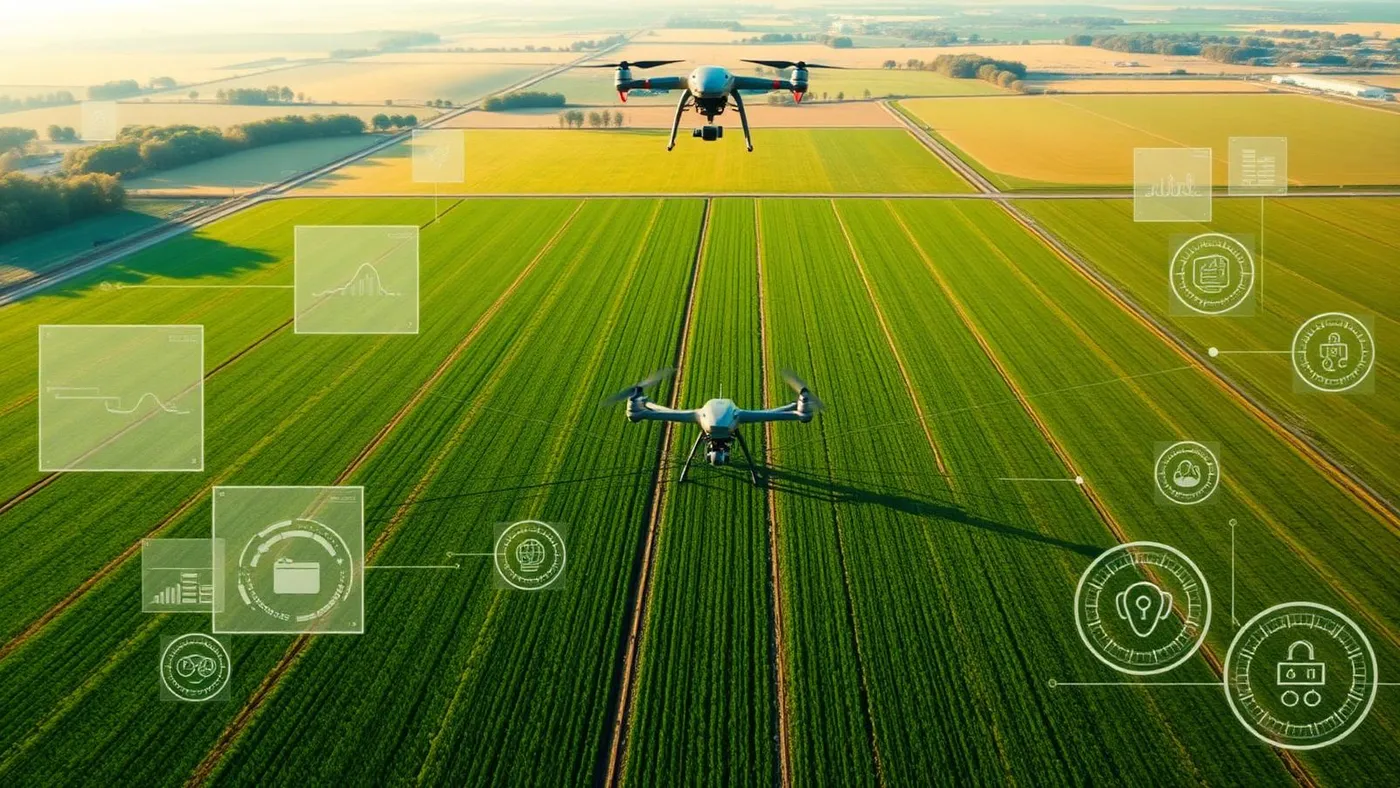 Vista aérea de lavoura com sobreposição de painéis de dados e drone, representando soluções tecnológicas e sustentáveis no campo