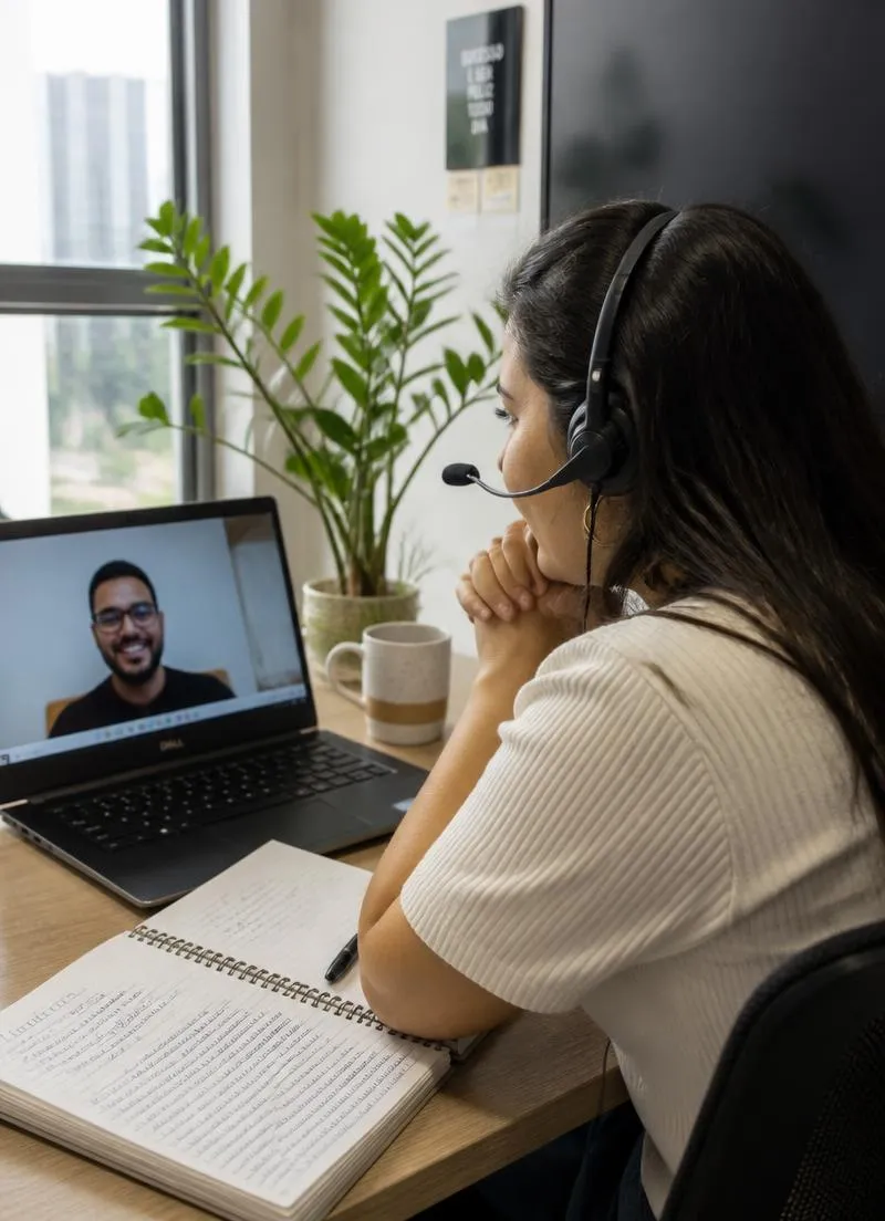 Profissional de customer success em videochamada com um cliente, ouvindo com atenção e anotando em caderno