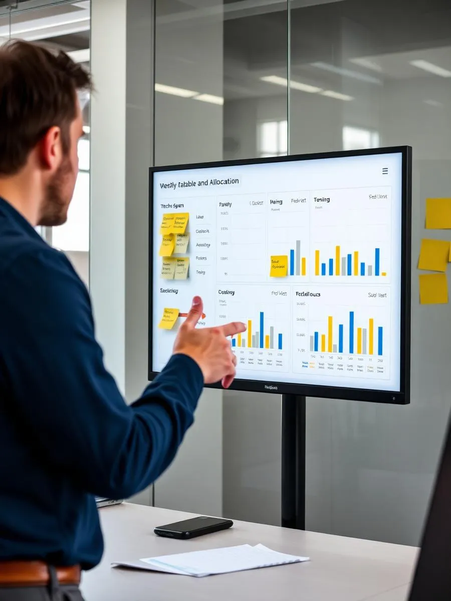 Líder técnico apontando para um painel vertical com gráficos semanais de capacidade e alocação em uma software house