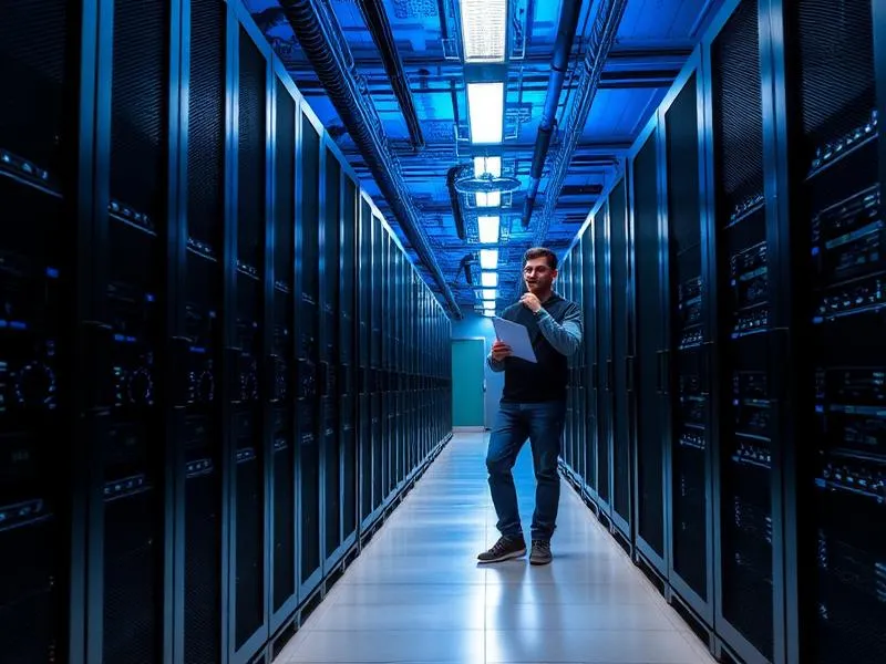 Corredor de data center com racks de servidores e técnico conferindo indicadores de eficiência energética