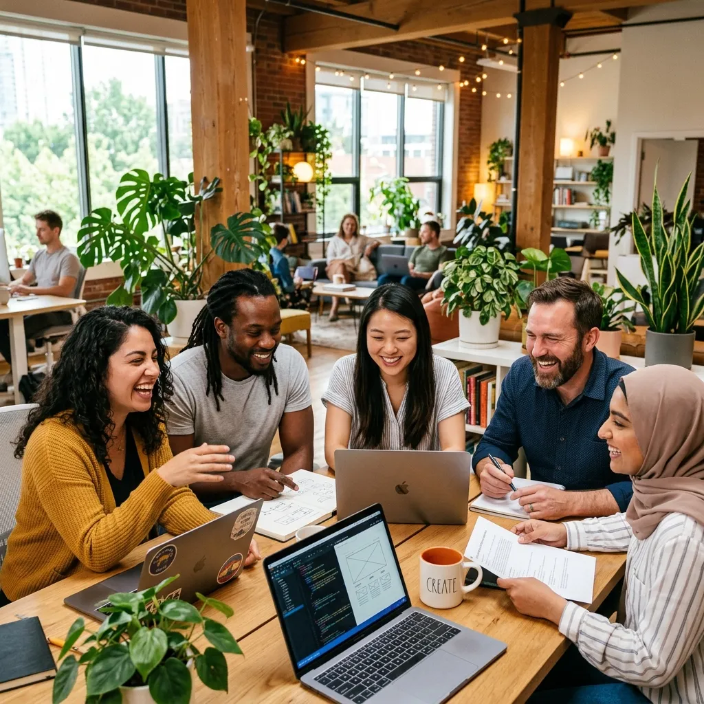 Equipe diversificada de profissionais reais trabalhando com entusiasmo, colaboração genuína e bem-estar em ambiente de startup