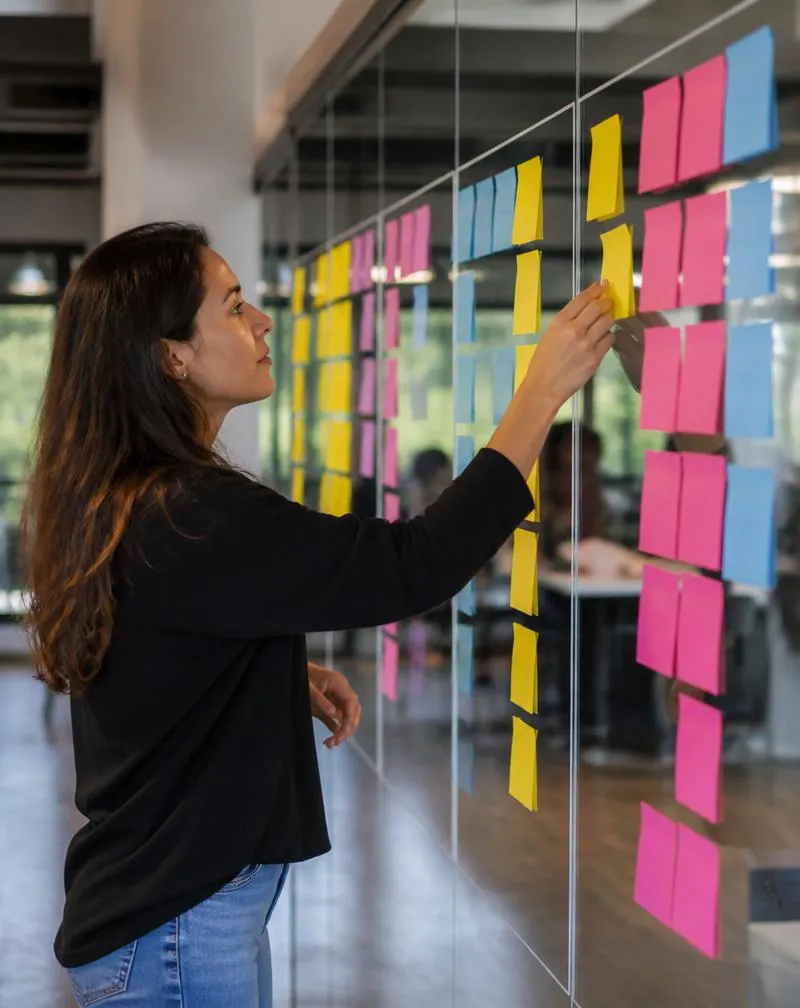 Profissional movendo um cartão em quadro kanban físico com colunas de trabalho em andamento