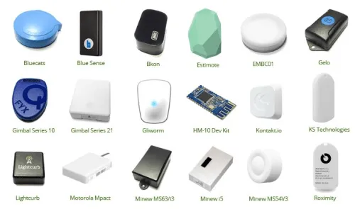 Variedade de modelos de dispositivos Beacon com tecnologia BLE para rastreamento em projetos de Internet das Coisas