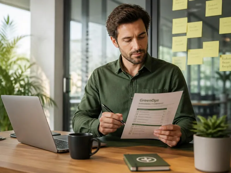 Profissional revisando um checklist impresso de GreenOps sobre a mesa em escritório iluminado
