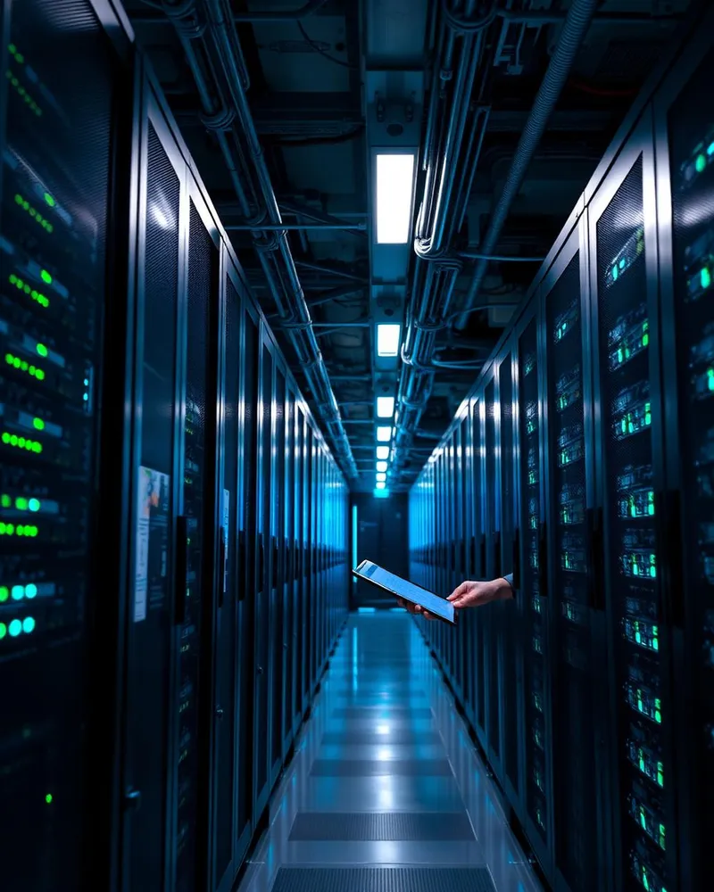 Datacenter aisle with illuminated server racks and an engineer holding a tablet during a cooling systems inspection