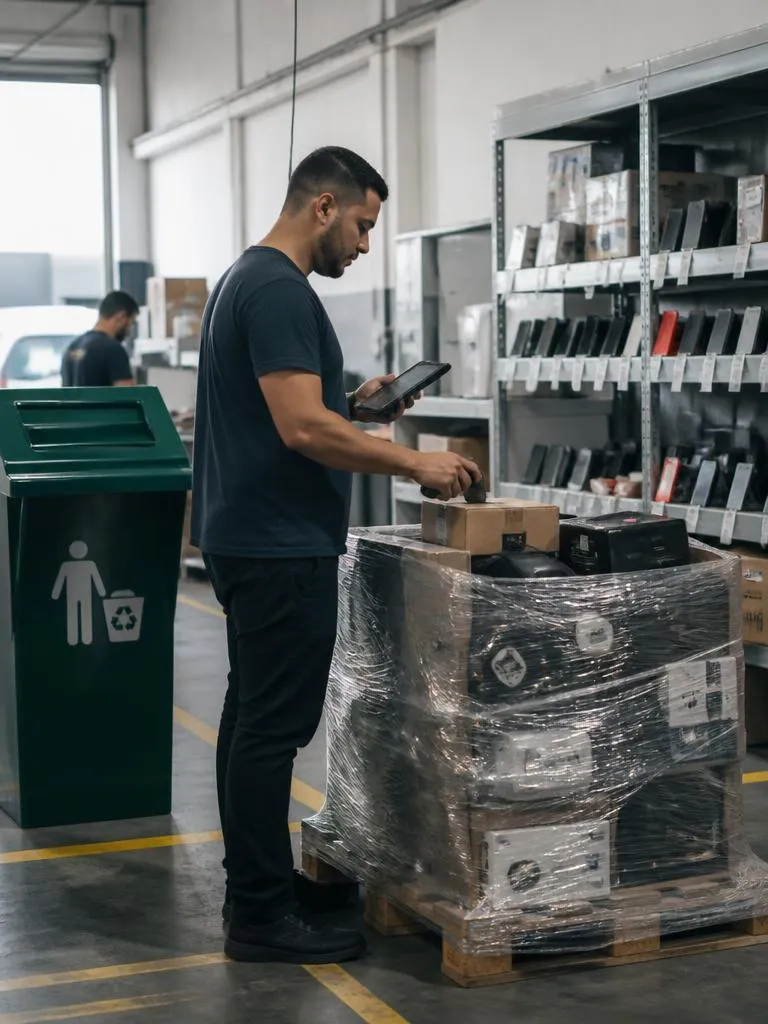 Operador com tablet registrando produtos devolvidos em pallet dentro de um centro de logística reversa, com prateleiras de dispositivos coletados