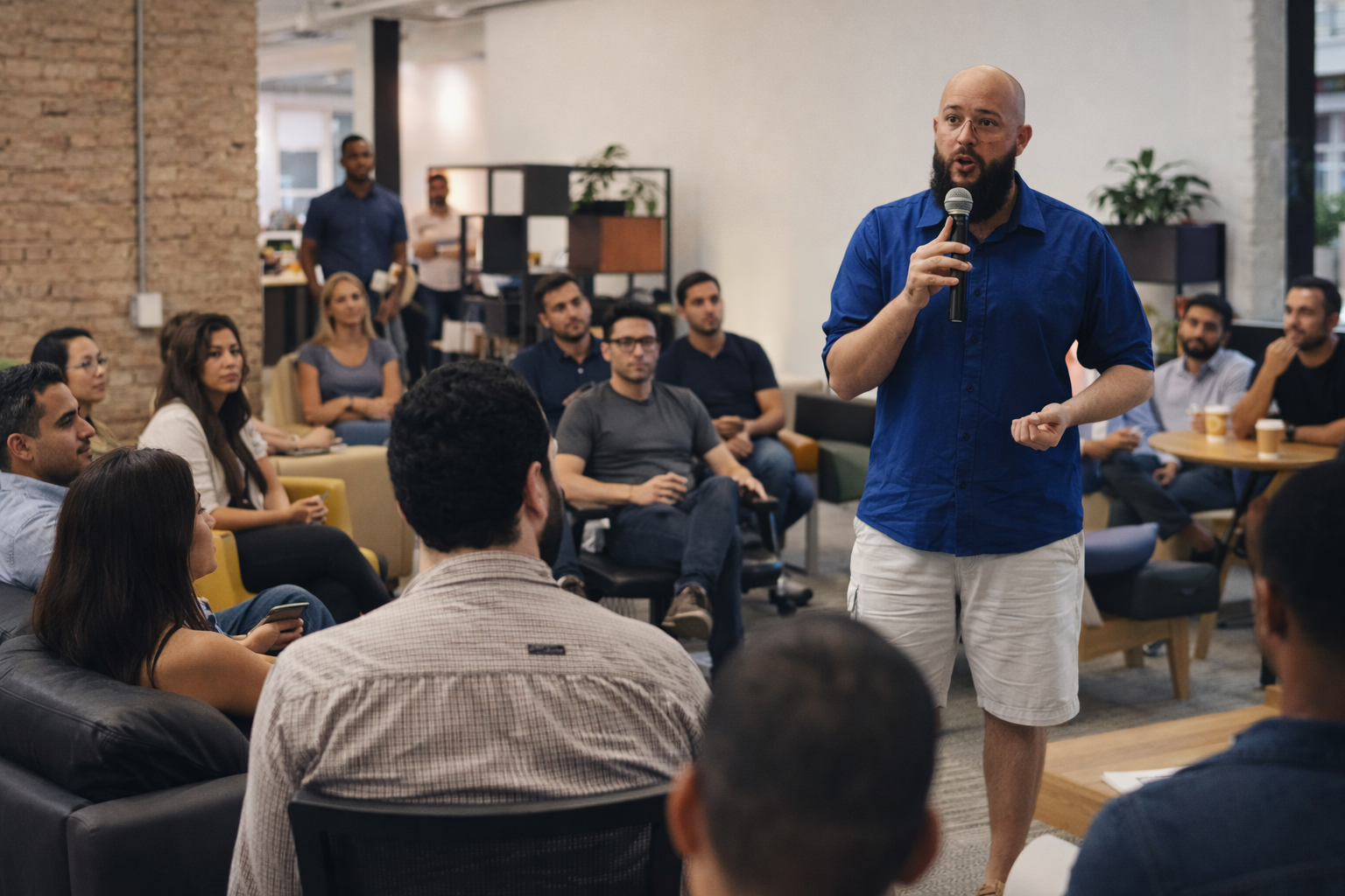 Marcius, CEO da Shinier, dando palestra sobre startups e inovação em coworking