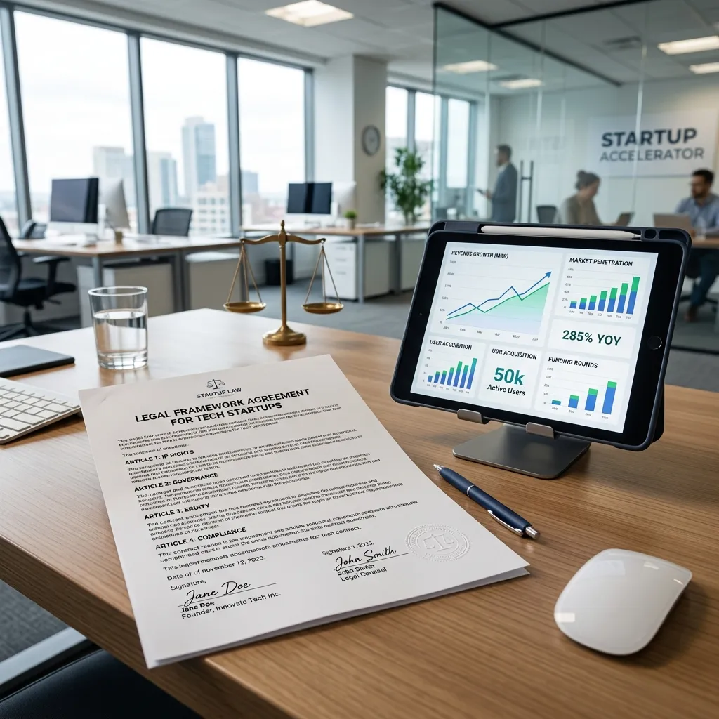 Documentos e símbolos de justiça, representando o Marco Legal das Startups