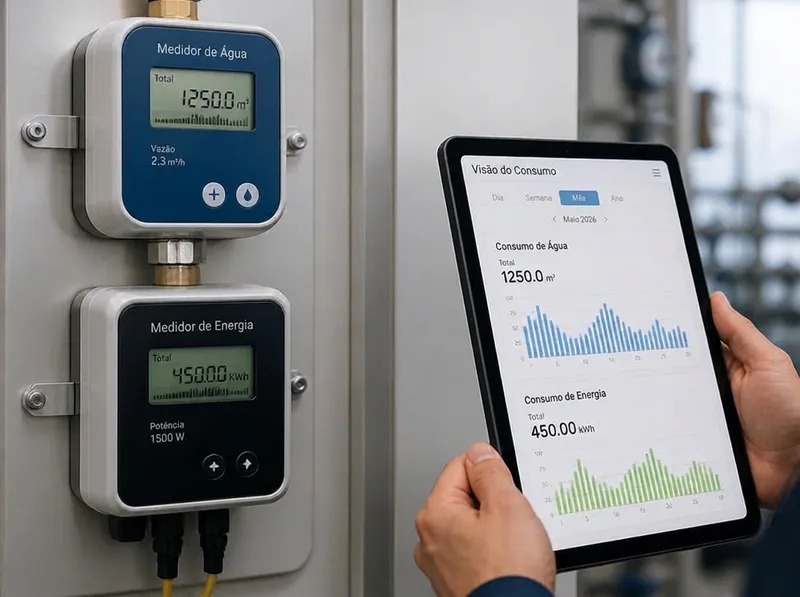 Medidores inteligentes de água e energia instalados em painel, com técnico conferindo o consumo em um tablet