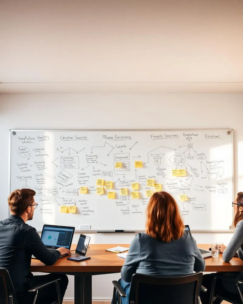 Startup team in a meeting room in front of a whiteboard with diagrams and post-its mapping emission sources