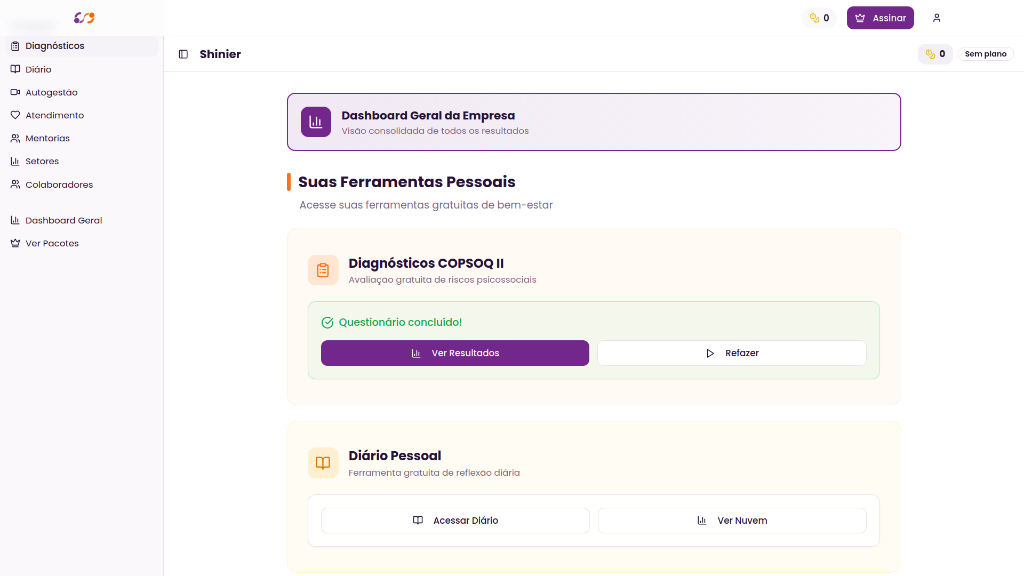 Painel de controle corporativo e diagnósticos psicossociais da plataforma Meu Appoio