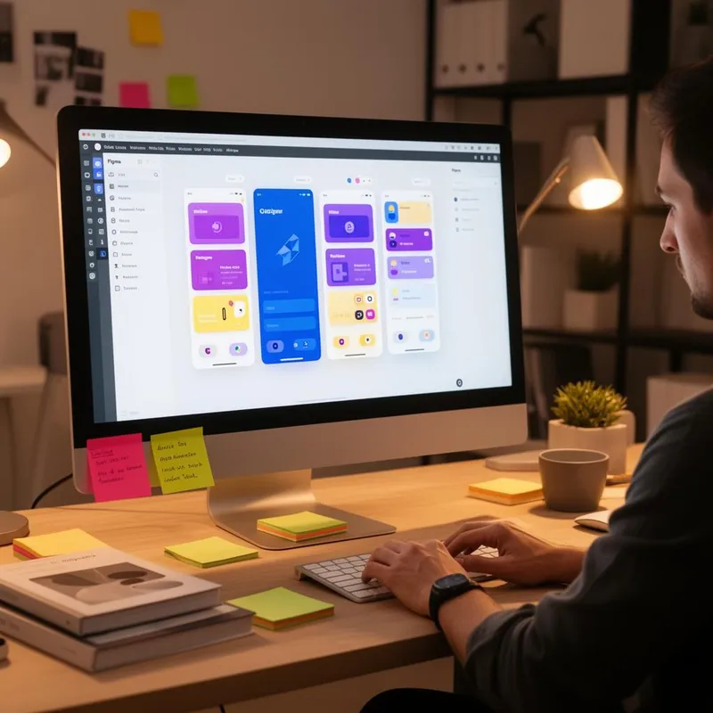 Designer UX trabalhando em um mockup de alta fidelidade no Figma com múltiplas telas de aplicativo