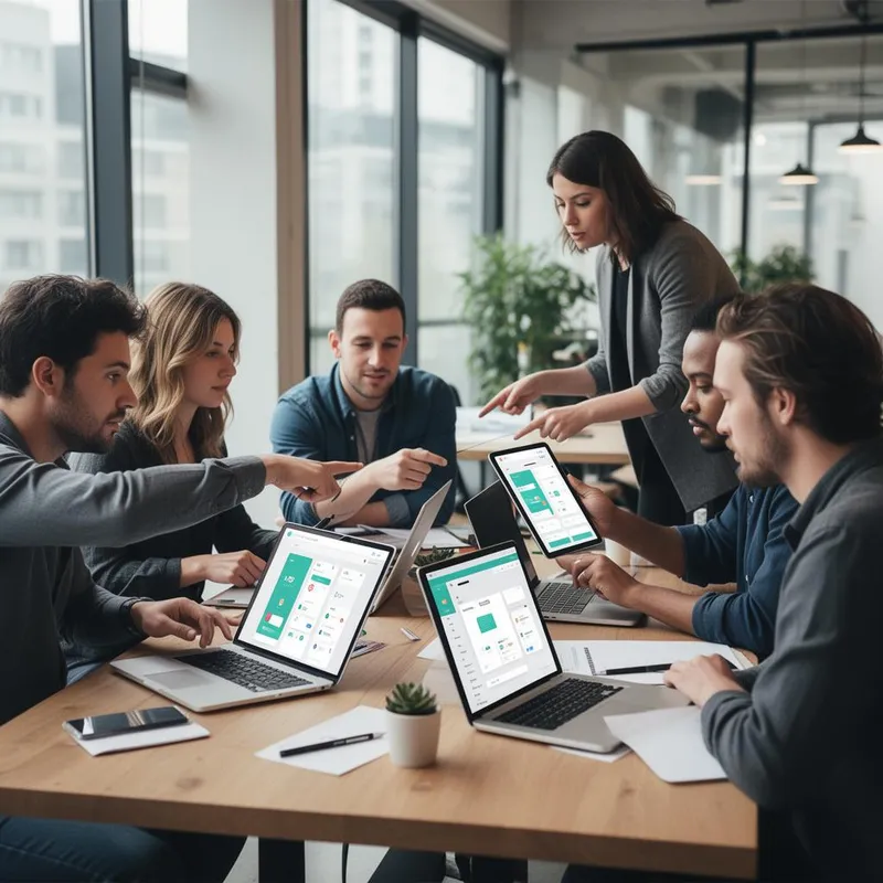 Equipe de startup testando mockup navegável com potenciais clientes em um coworking