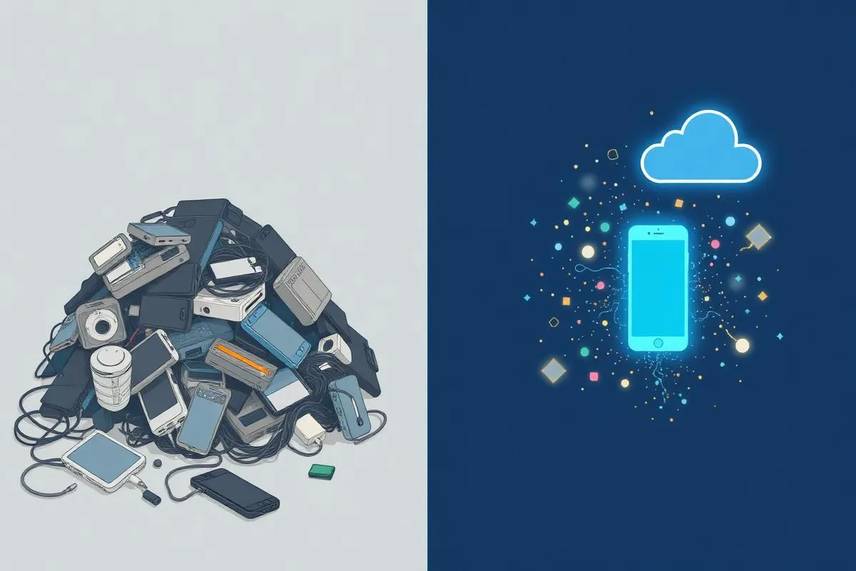 Comparação visual entre pilha de eletrônicos descartados e a mesma função concentrada em um único dispositivo digital