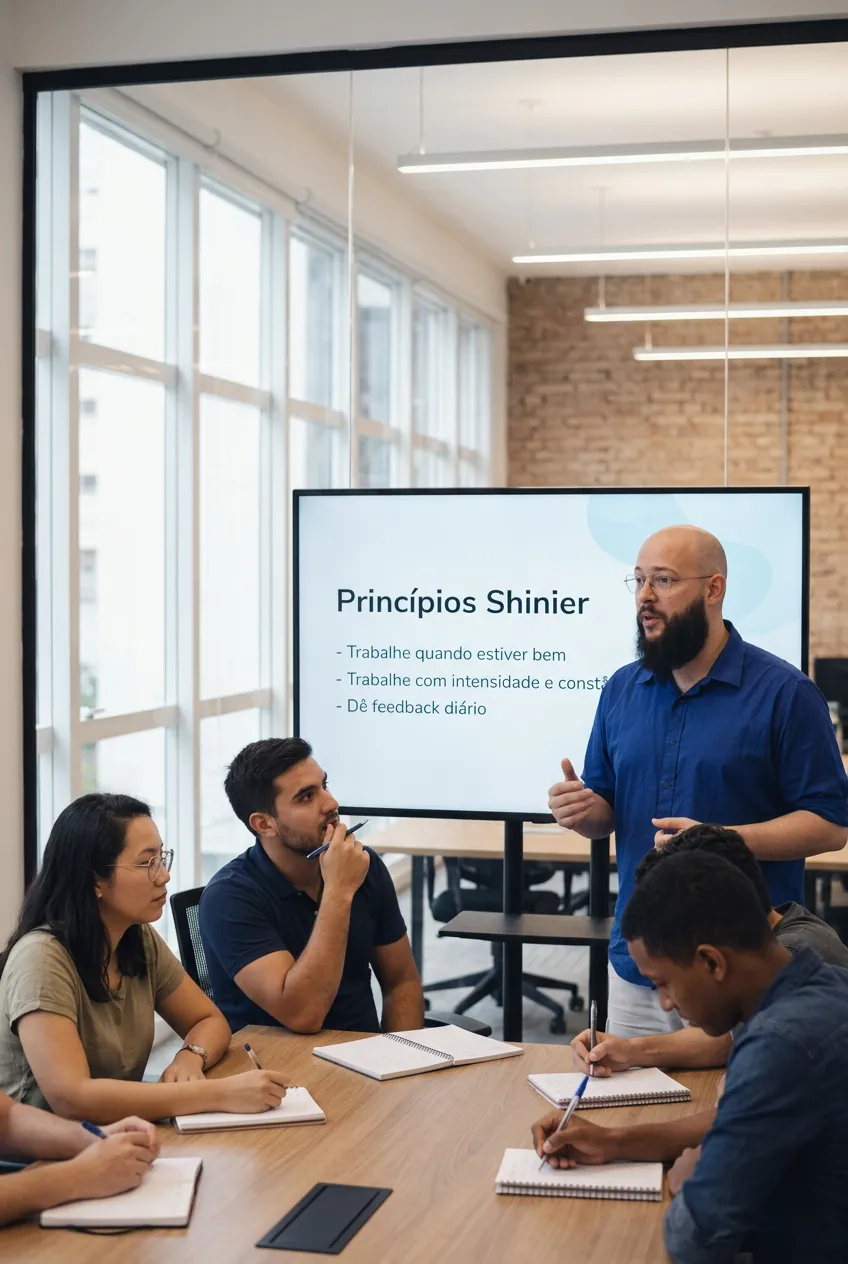Marcius, CEO da Shinier, conduzindo o onboarding de novos colaboradores que anotam os princípios de trabalho da Shinier apresentados em slides