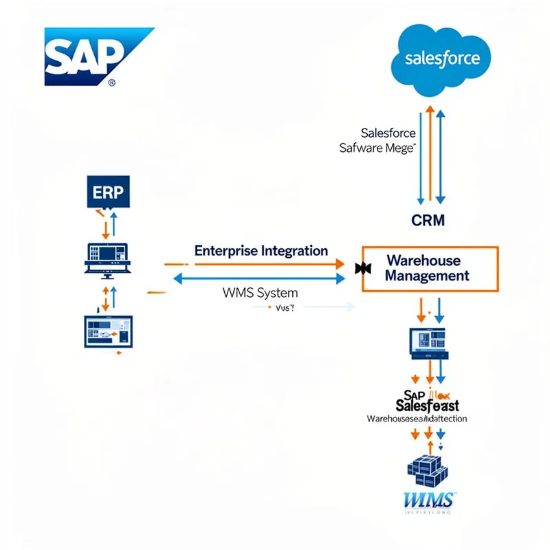 Diagrama de integração do Opal WMS com SAP ERP e Salesforce CRM mostrando fluxo de dados bidirecional