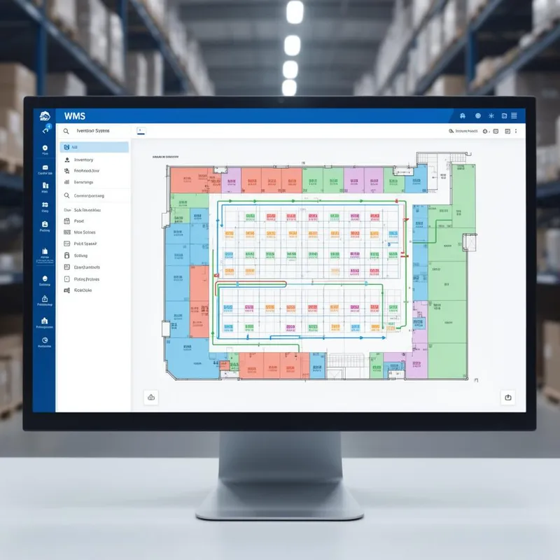 Tela do Opal WMS mostrando mapa visual do armazém com zonas coloridas, posições de estoque e rotas de picking otimizadas