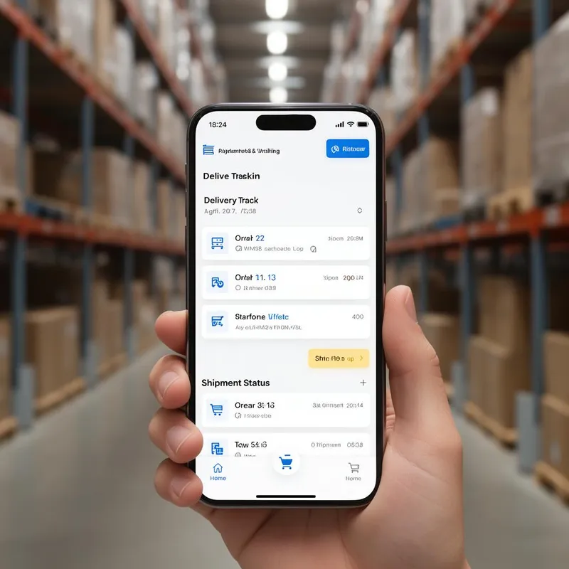 Aplicativo mobile do Opal WMS rodando em smartphone mostrando rastreamento de entregas e status de pedidos no armazém
