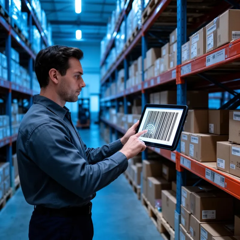 Operador usando tablet para escanear RFID em prateleira de armazém com o sistema Opal WMS