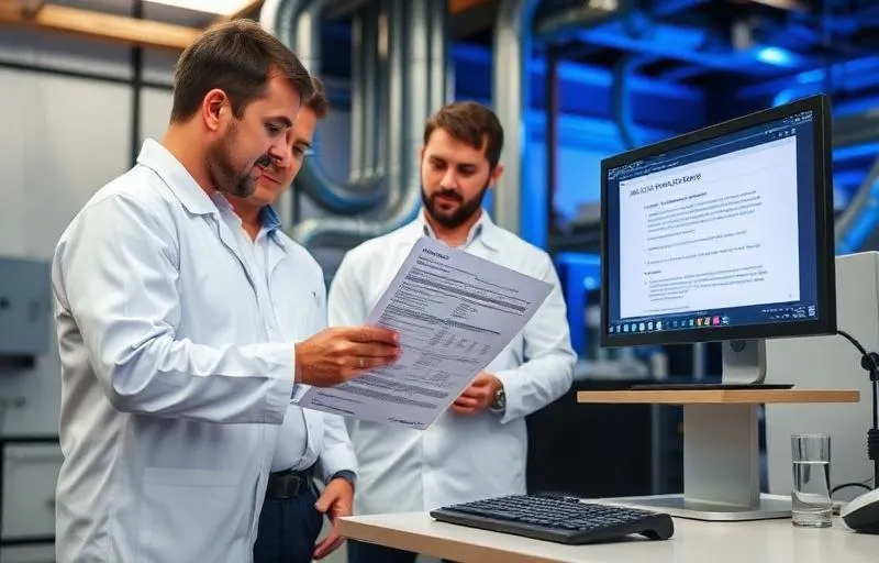 Engenheiros analisando laudo de laboratório com sistema OCR para extração automática de dados industriais