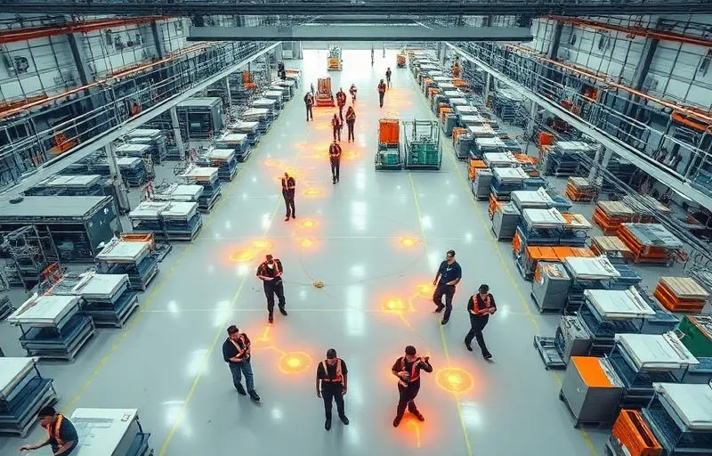 Vista aérea de chão de fábrica com rastreamento digital de colaboradores usando BLE para otimização logística