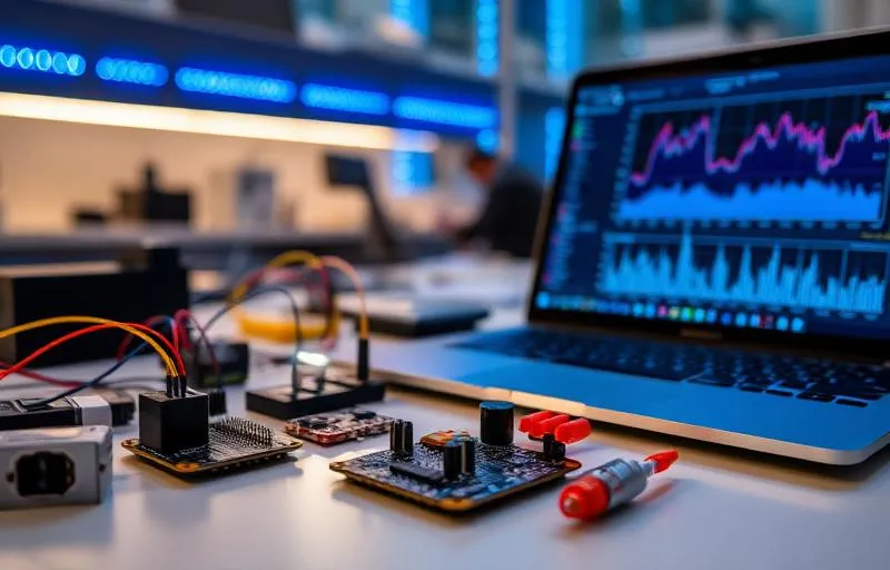 Sensores IoT, microcontroladores e componentes eletrônicos em bancada de laboratório com laptop mostrando gráficos de análise