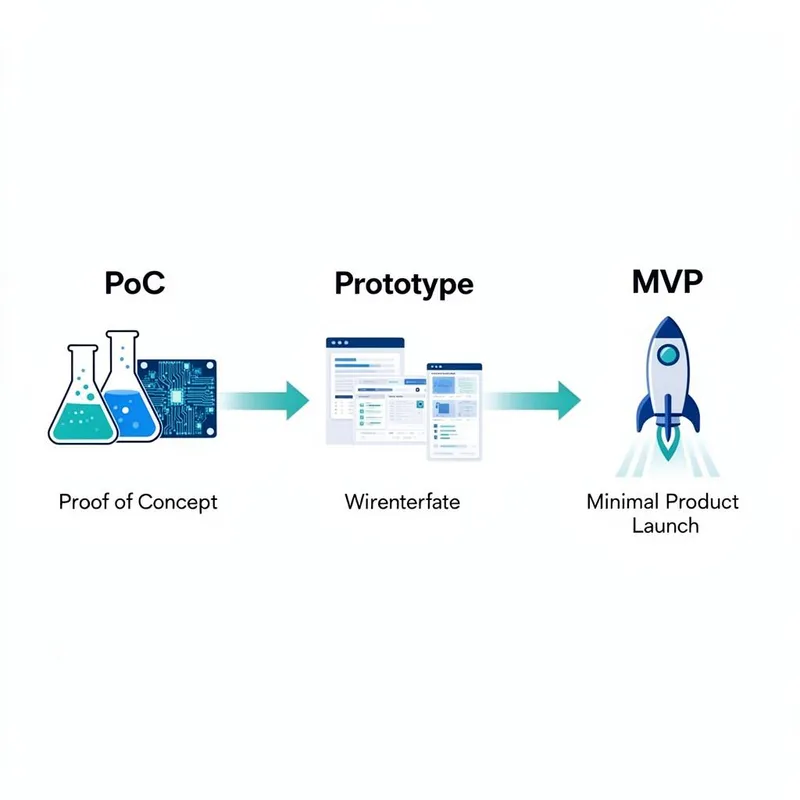Infográfico comparando PoC, Protótipo e MVP - três etapas do desenvolvimento de produto