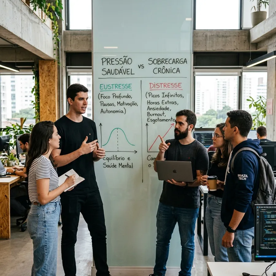 Infográfico e foto realista de equipe em quadro vertical avaliando a diferença entre Pressão Saudável (Eustresse) e Sobrecarga Crônica (Distresse)