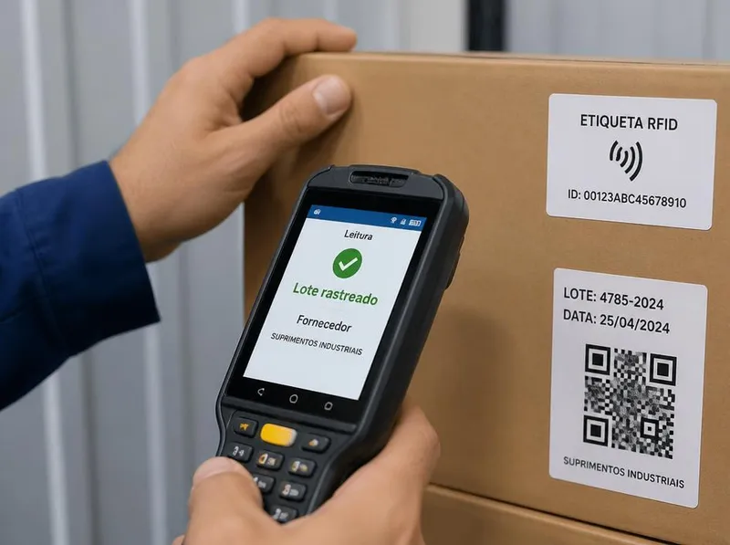 Operador logístico lendo etiqueta RFID e QR Code de um lote com coletor de dados que confirma o rastreamento