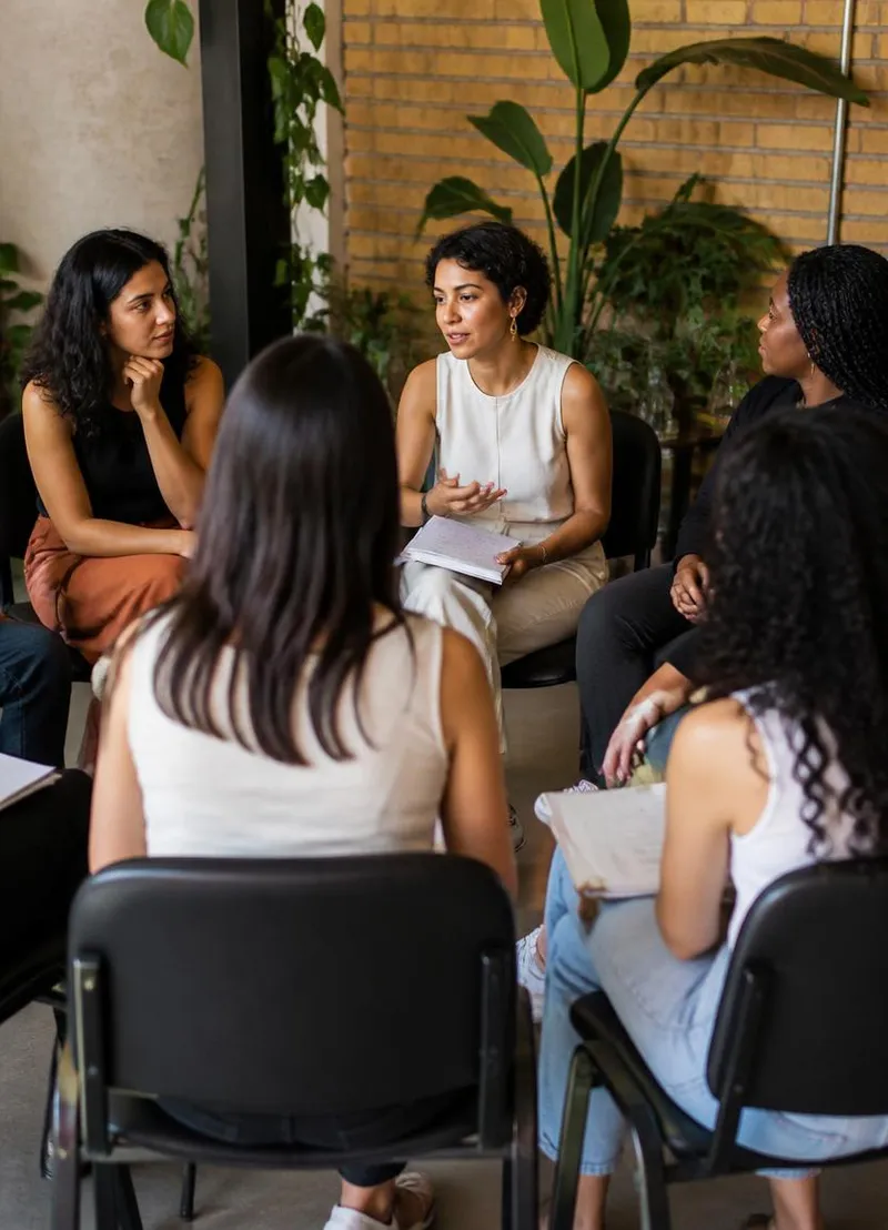 Grupo de mulheres fundadoras e profissionais de tecnologia em roda de conversa em um coworking