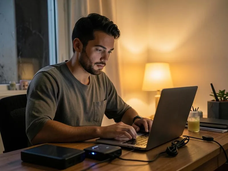 Profissional brasileiro trabalhando de casa com notebook, estação de energia portátil e roteador móvel durante queda de energia