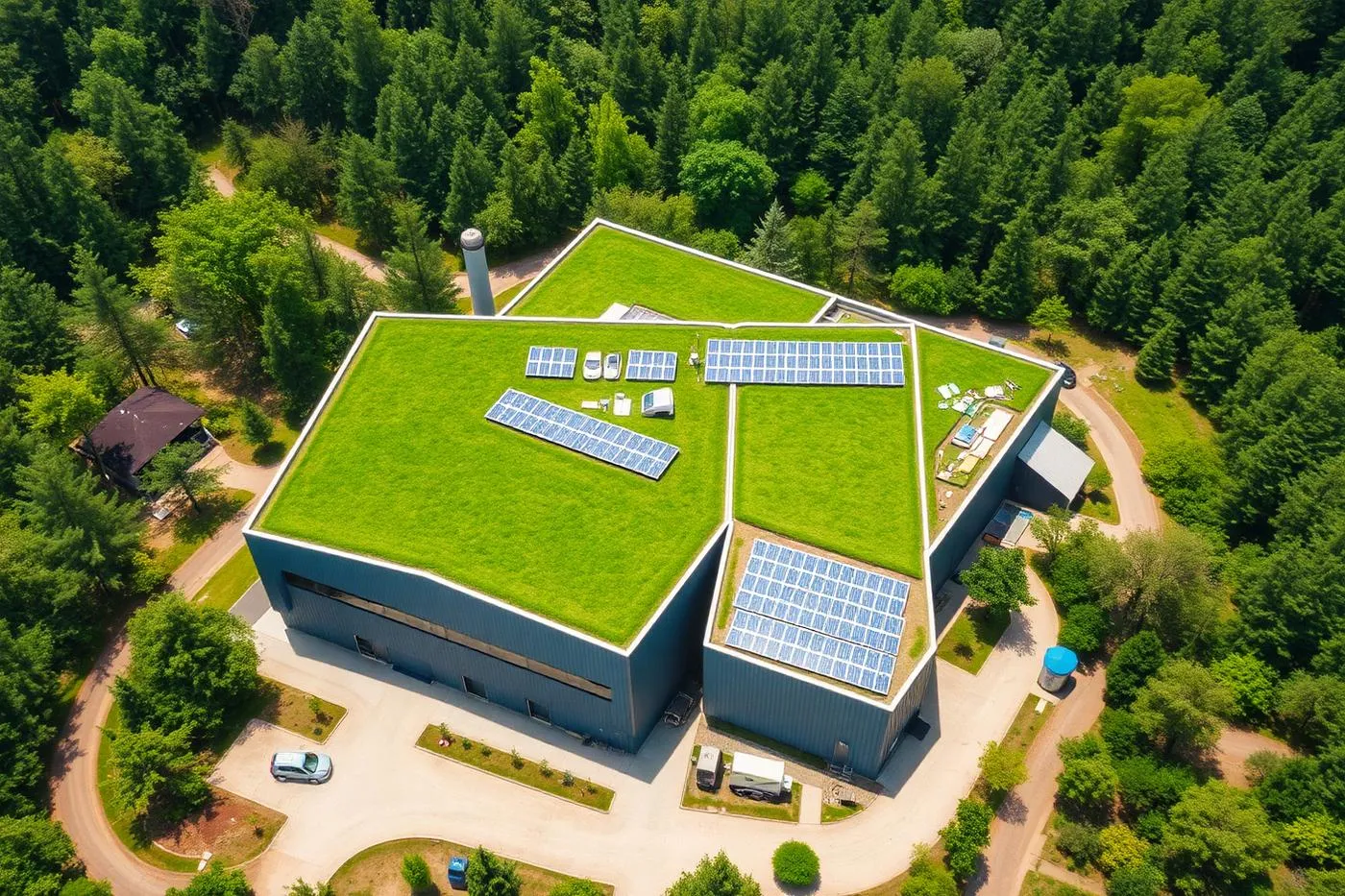 Galpão industrial com telhado verde, painéis solares e cercado por floresta nativa