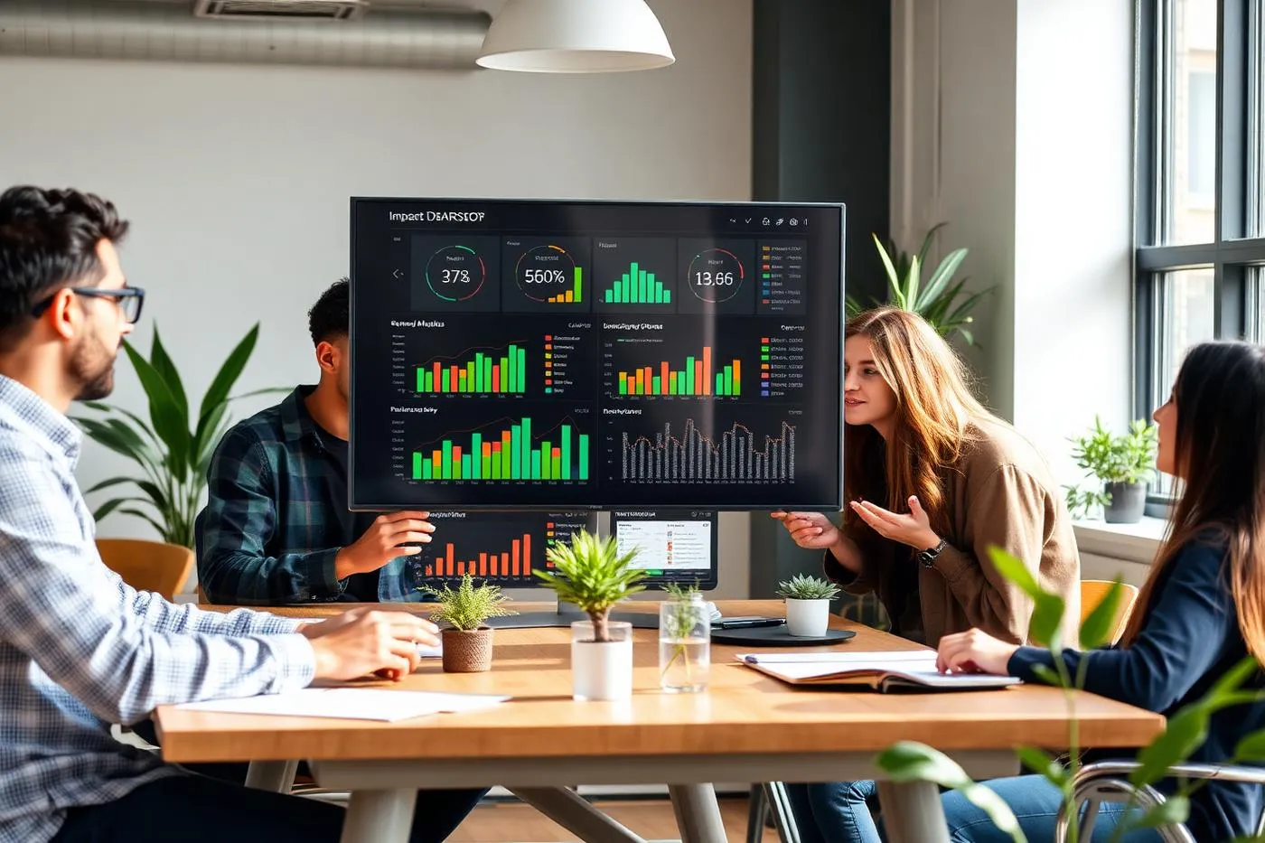 Equipe analisando dashboard de indicadores de impacto socioambiental em escritório com plantas