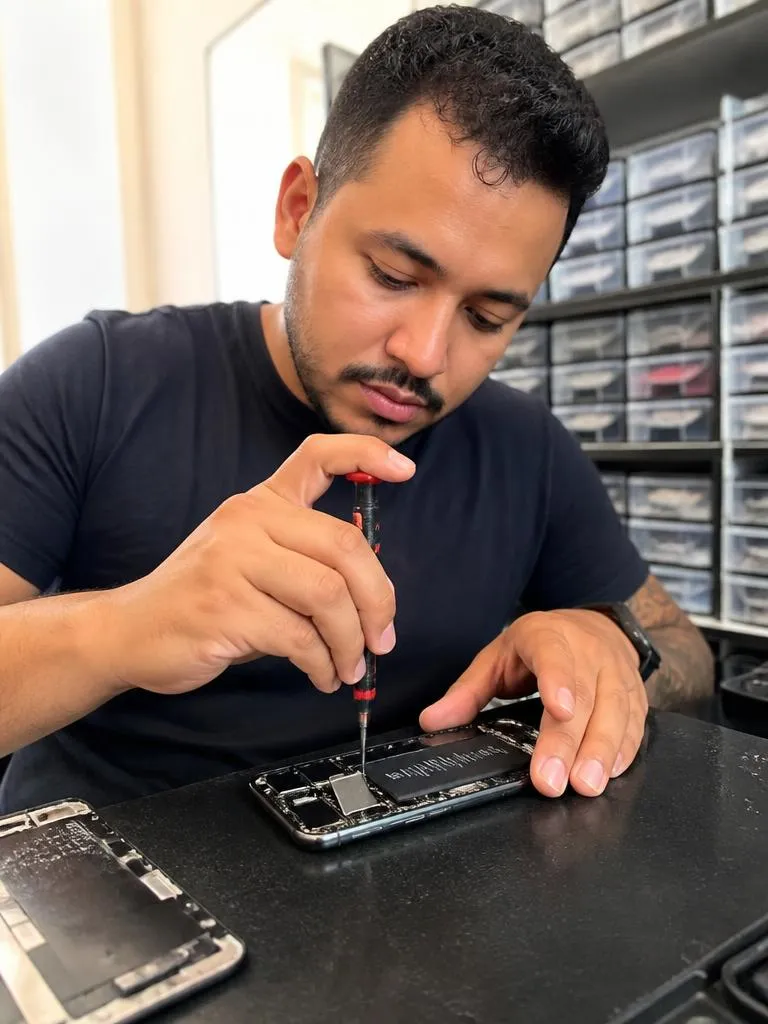 Técnico brasileiro substituindo a bateria de um smartphone em bancada de oficina, com gavetas organizadas de peças de reposição ao fundo